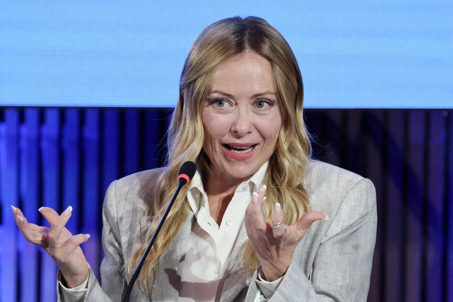 Italy's Prime Minister Giorgia Meloni gestures as she attends a press conference after work sessions at the MED9 summit in Split on October 7, 2026, where the leaders of nine EU nations and invited leaders are gathering.