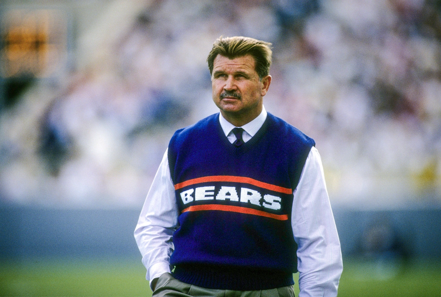 Head Coach Mike Ditka of the Chicago Bears before an NFL football game at Soldier Field in Chicago in the 1980's.