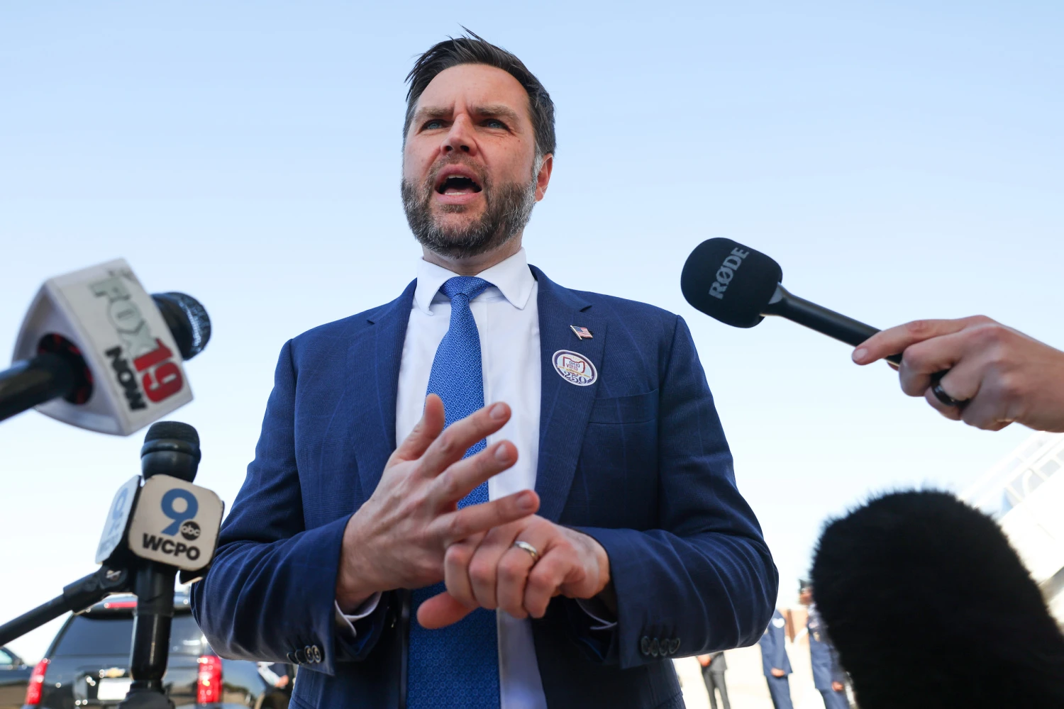 Vice President JD Vance speaks to reporters at Cincinnati/Northern Kentucky International Airport on Oct. 9, 2026 in Hebron, Ky.