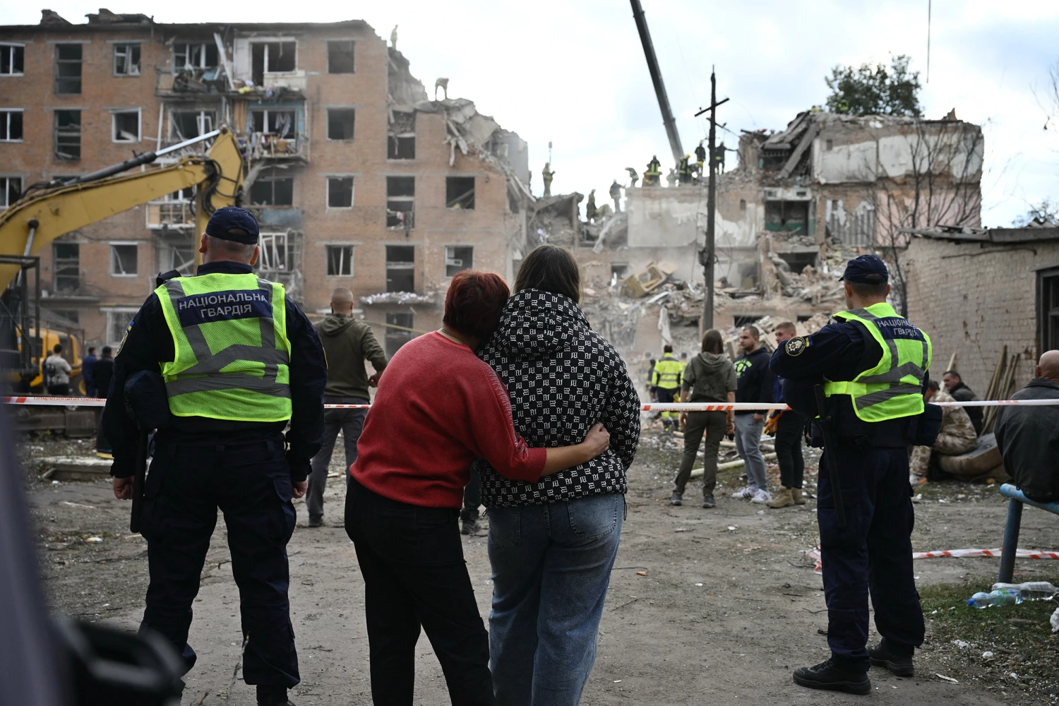 A multistory residential building destroyed in a Russian aerial strike in Pryluky, northern Ukraine, on Wednesday.