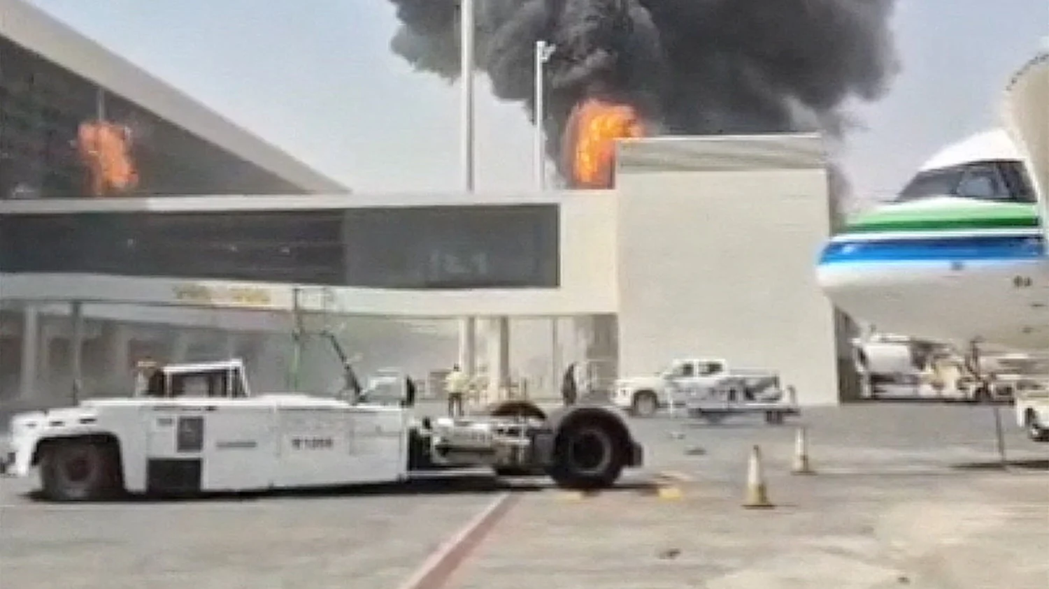 Smoke and flames rise from King Khalid Airport, after Yemen's Iran-backed Houthis said they attacked the airport, in Riyadh, Saudi Arabia, October 8, 2026, in this screengrab obtained from a social media video.