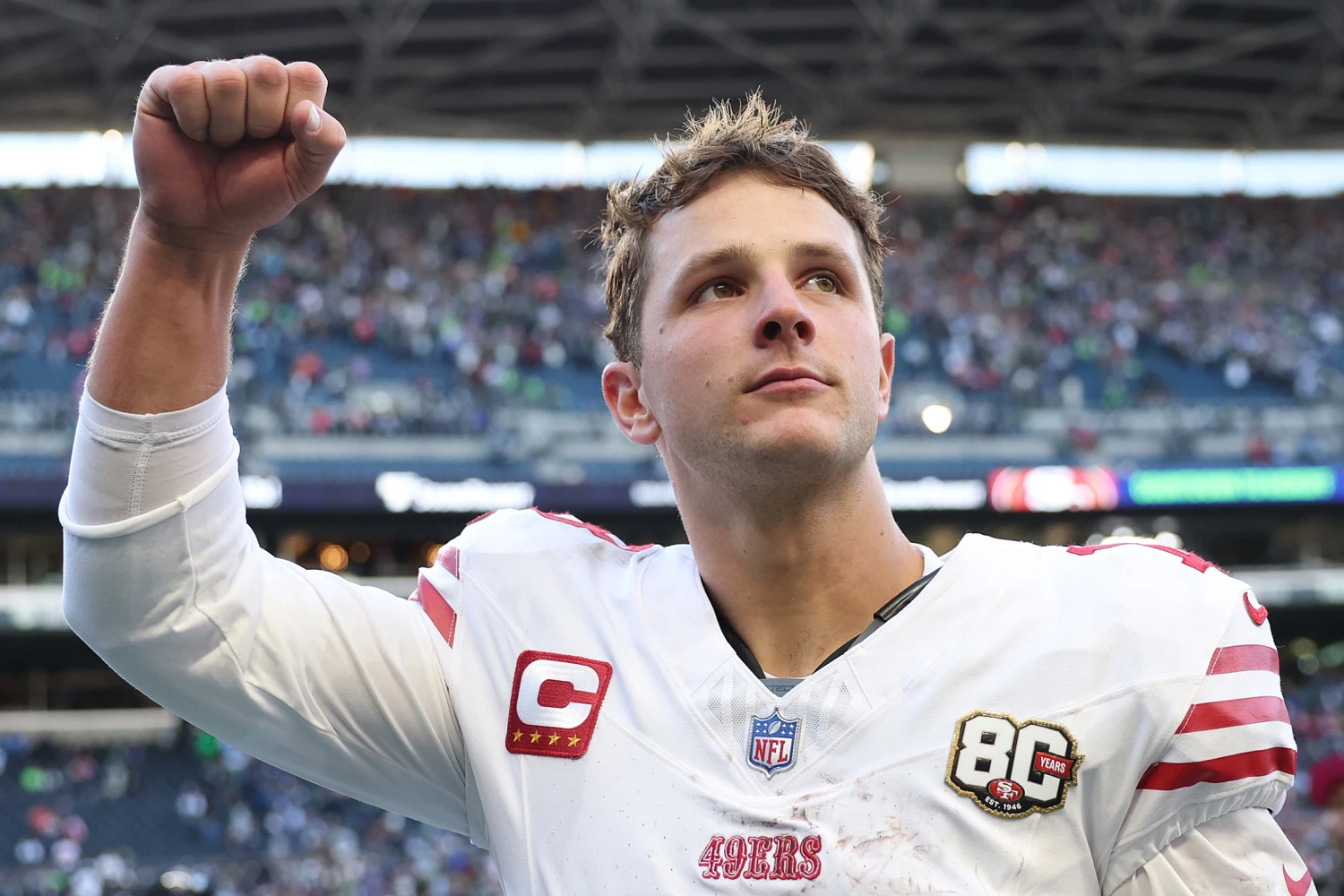 Brock Purdy of the San Francisco 49ers celebrates after defeating the Seattle Seahawks at Lumen Field on October 11, 2026 in Seattle, Washington.
