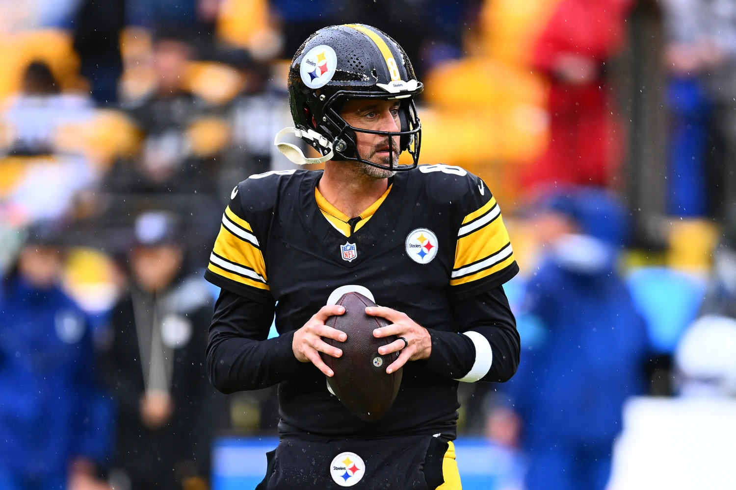 Aaron Rodgers #8 of the Pittsburgh Steelers warms up prior to the game against the Indianapolis Colts at Acrisure Stadium on October 11, 2026 in Pittsburgh, Pennsylvania.