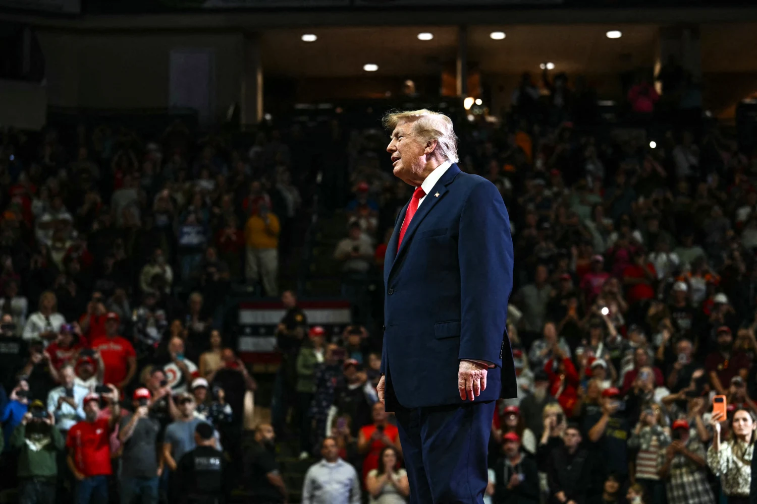 President Donald Trump arrives to the stage to speak during a campaign rally at the Covelli Centre in Youngstown, Ohio, on Oct. 12, 2026.
