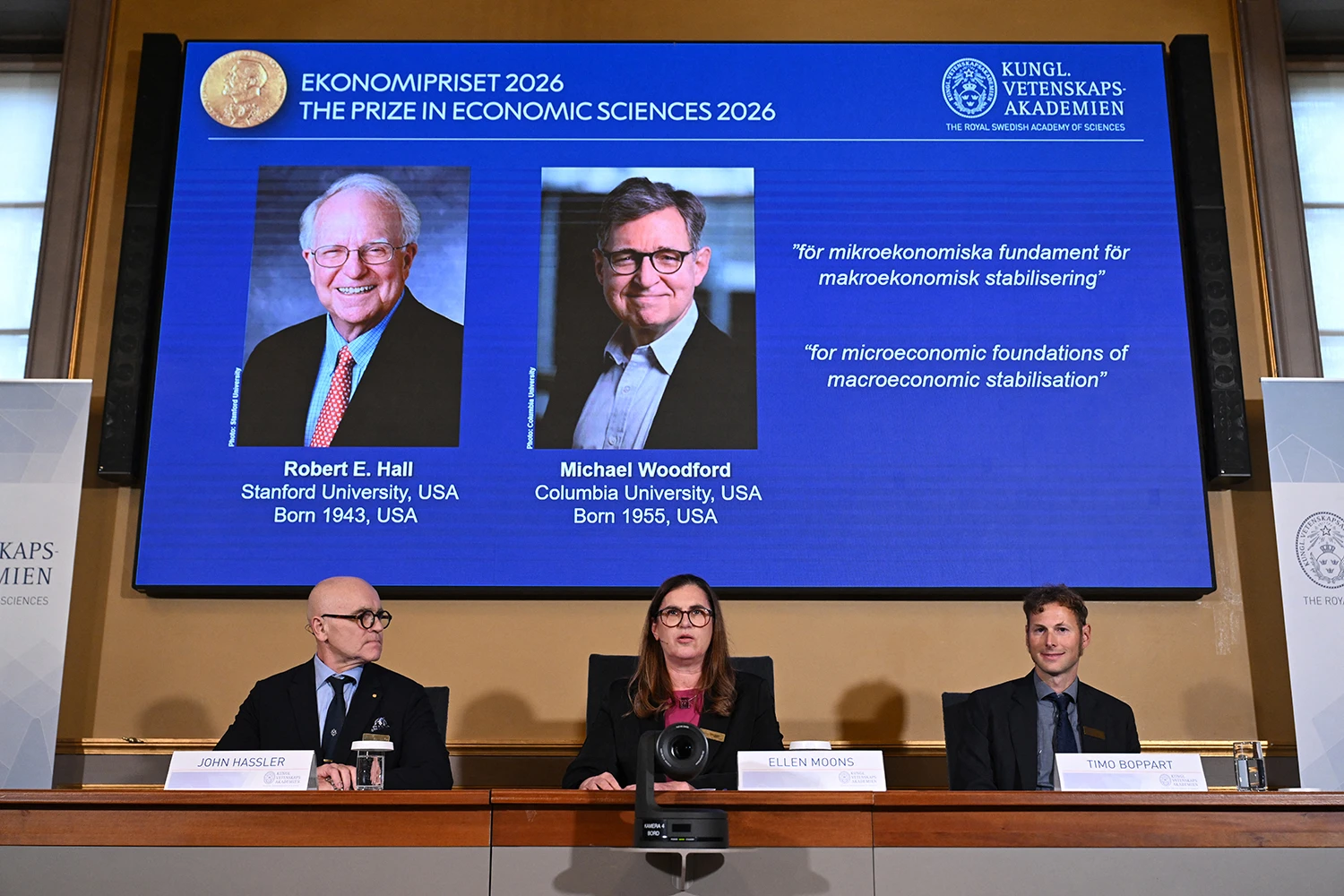 Robert E Hall and Michael Woodford are announced as Nobel winners in Stockholm on Monday.