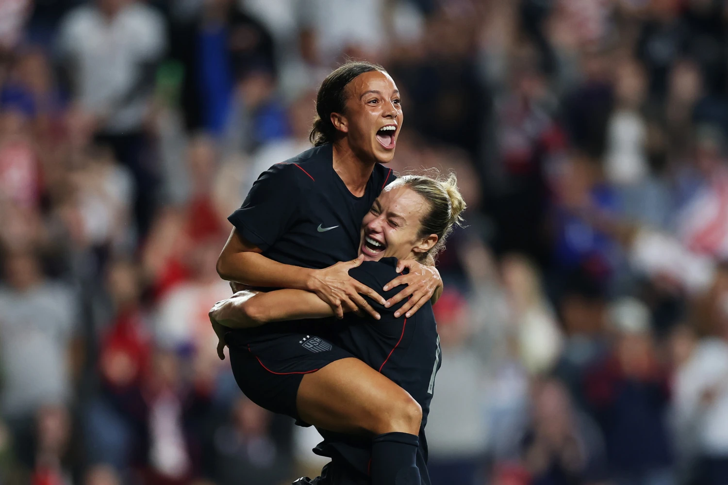 Mallory Swanson of the United States celebrates scoring her team's second goal with teammate Jaelin Howell #17 during the international friendly match between United States and Spain at Subaru Park on October 13, 2026 in Chester, Pennsylvania.