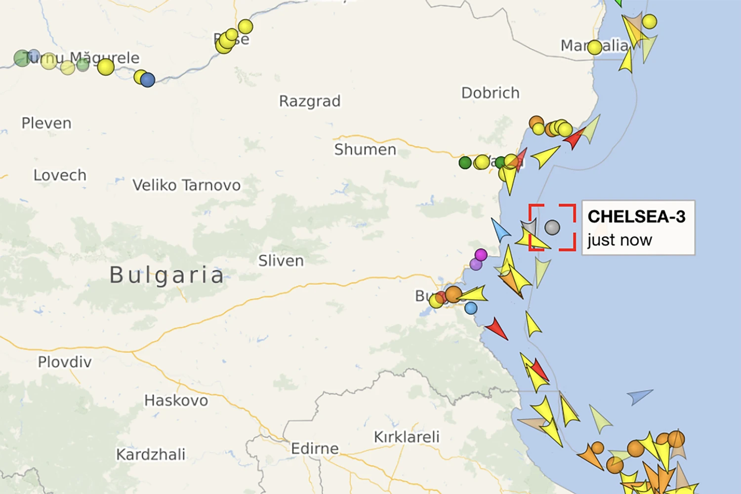 Tracking data recored on Tuesday morning shows the ship Chelsea 3 off the coast of Bulgaria.