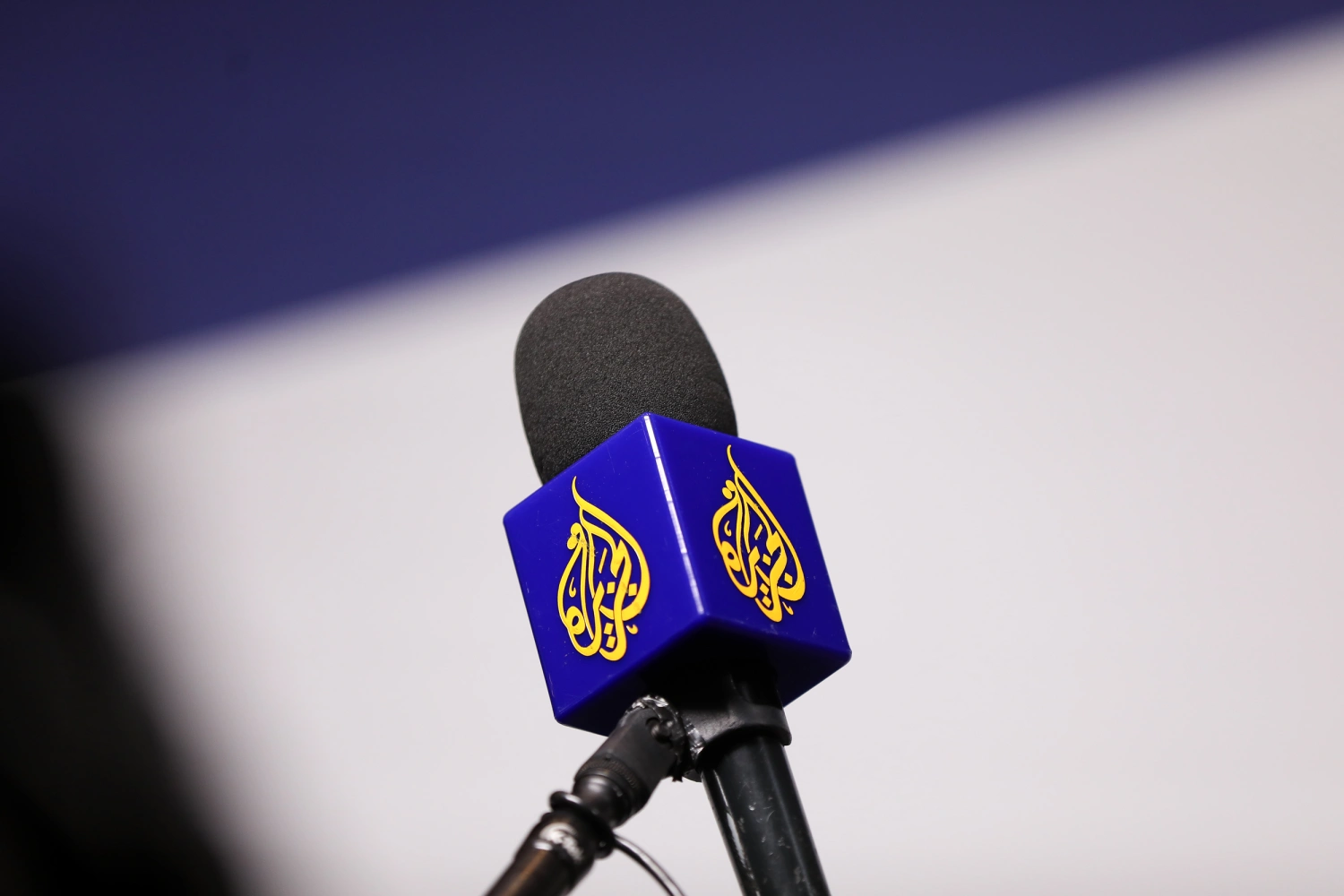 A microphone with the Al Jazeera logo is present during the Informal Meeting of the EU Ministers for Foreign Affairs at the Polish Army Museum in Warsaw, Poland, on May 7, 2025.