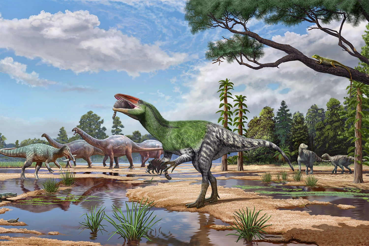 Artists’ rendition of I. amberina with contemporary fauna in the lower part of the Wessex Formation.