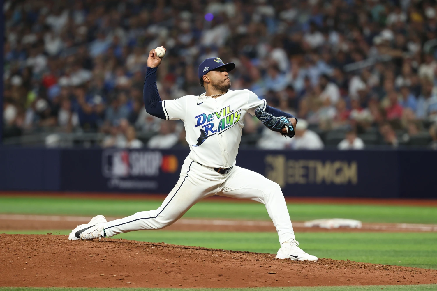 ST. PETERSBURG, FL - OCTOBER 13: Freddy Peralta #51 of the Tampa Bay Rays pitches during Game Two of the American League Championship Series between the Cleveland Guardians and the Tampa Bay Rays at Tropicana Field on Tuesday, October 13, 2026 in St. Petersburg, Florida.