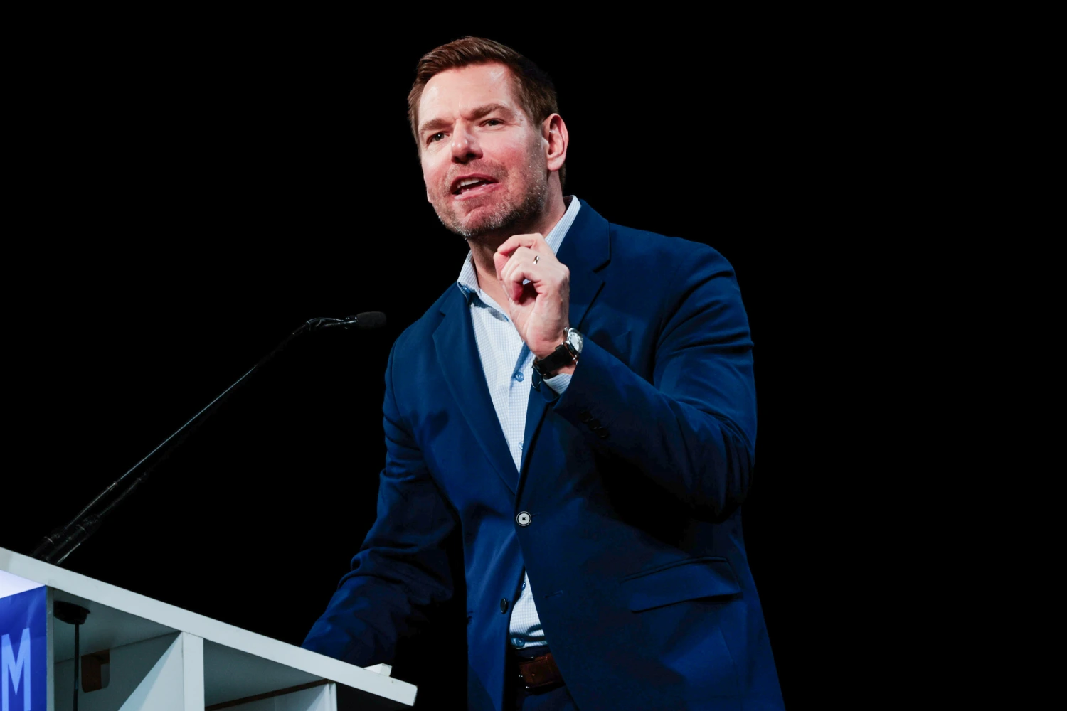 California gubernatorial candidate Eric Swalwell delivers remarks during the California Democratic Party convention at Moscone Center in San Francisco on Saturday, February 21, 2026.