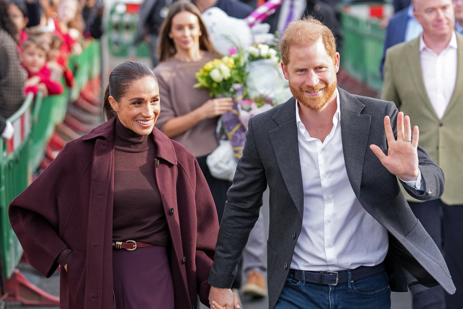Meghan, Duchess of Sussex and Prince Harry, Duke of Sussex greet well-wishers as they arrive at the Community Recording Studio (CRS), a youth and community charity that offers a wide range of creative activities, sports, mentoring and youth development programmes, during the Duke and Duchess of Sussex's visit to Nottingham on October 15, 2026, in Nottingham, England.