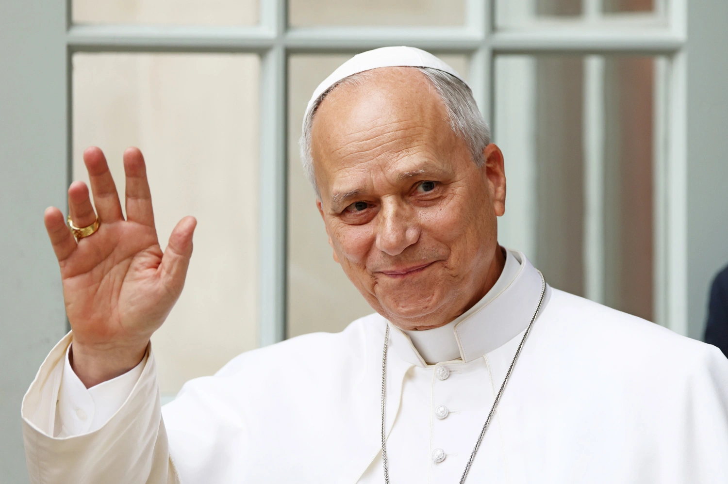 Pope Leo XIV greets faithful during his visit to the Catholic Institute of Paris on September 26, 2026 in Paris, France.