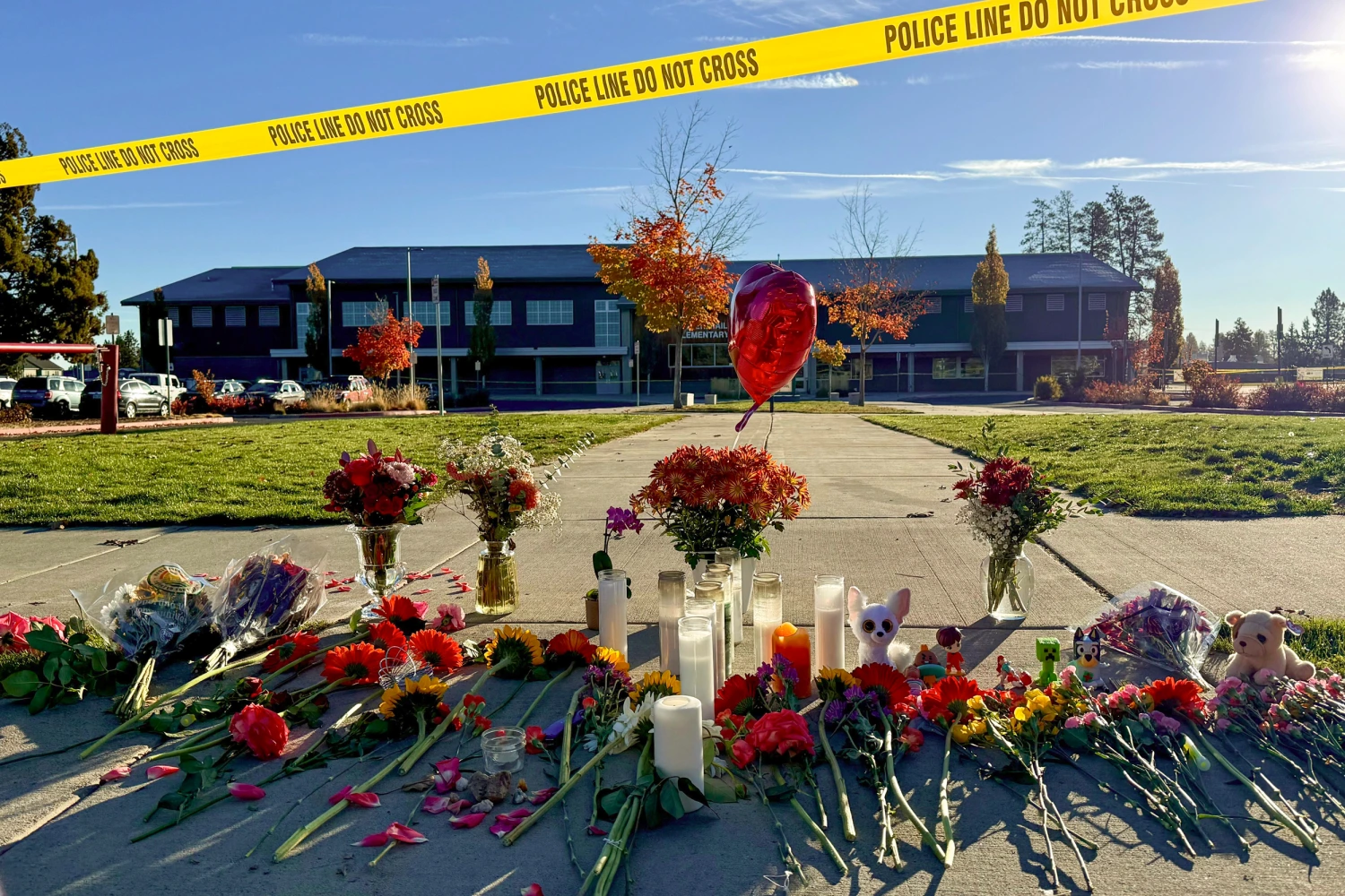A makeshift memorial at Silver Rail Elementary School in Bend, Ore., on Friday.