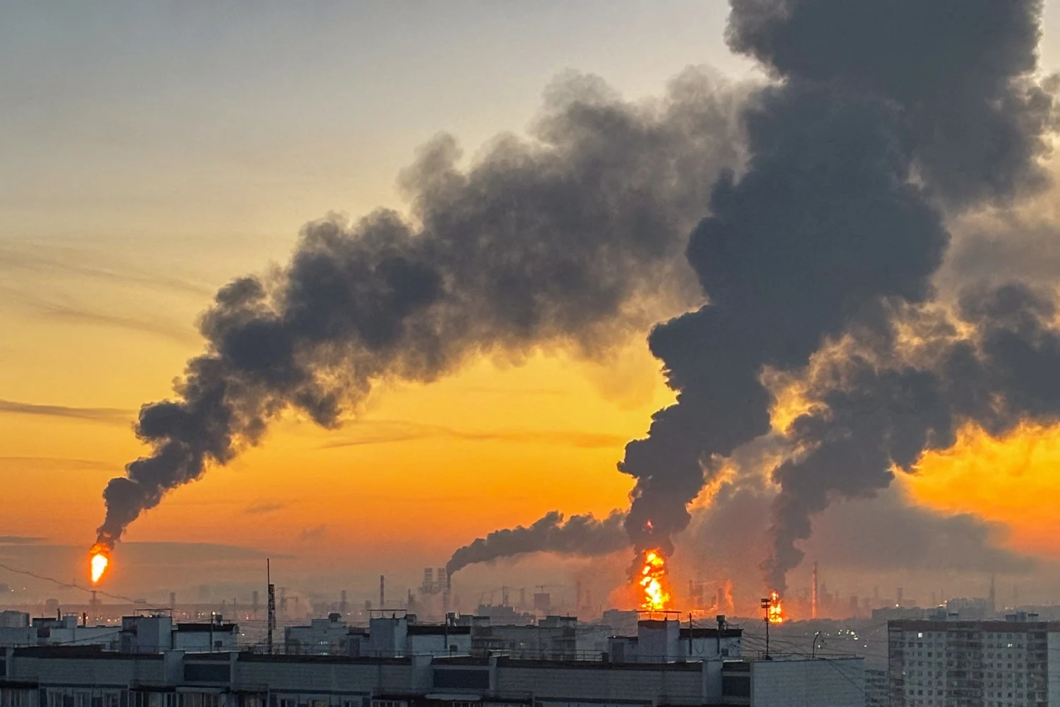 Fires at an oil refinery in Moscow following a reported Ukrainian drone strike, on Sept. 20.