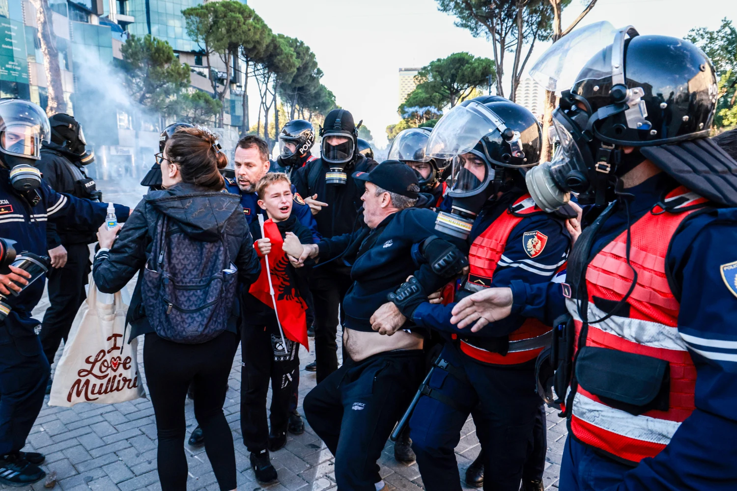 Albanian police officers clash with demonstrators near the Prime Minister's Office in Tirana, Albania, on Oct. 16, 2026.