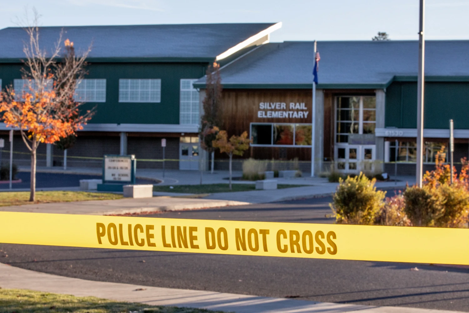 Police tape blocks access to Silver Rail Elementary School in Bend, Ore., on Oct. 16, 2026.