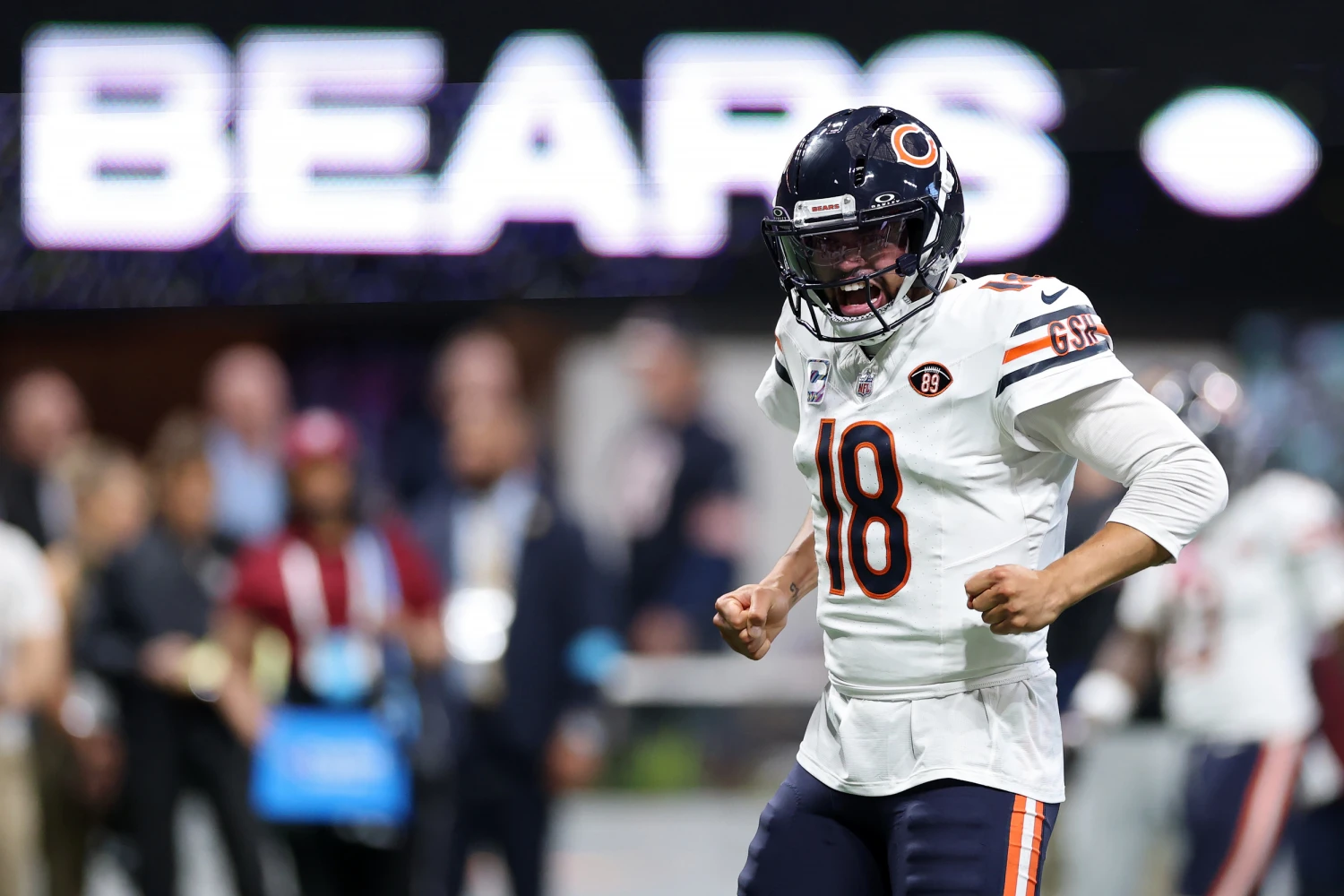 Chicago Bears quarterback Caleb Williams celebrates a touchdown against the Atlanta Falcons in the third quarter.