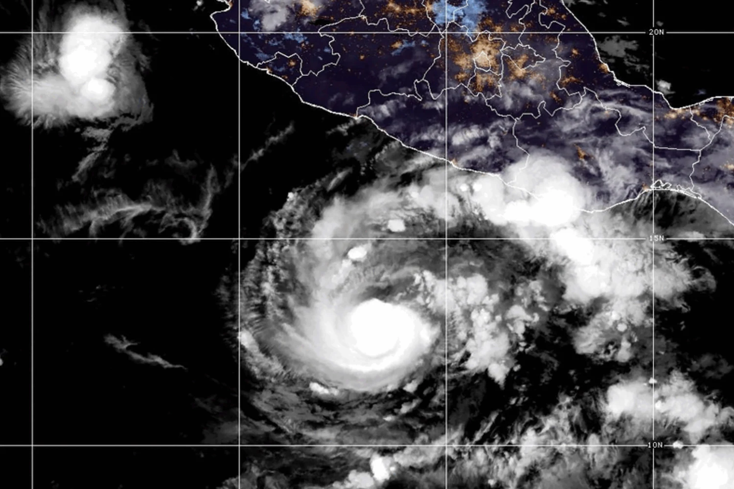 This GOES-19 GeoColor satellite image provided by the National Oceanic and Atmospheric Administration (NOAA) and taken on Thursday, Oct. 15 2026, shows Hurricane Trudy in the Pacific.
