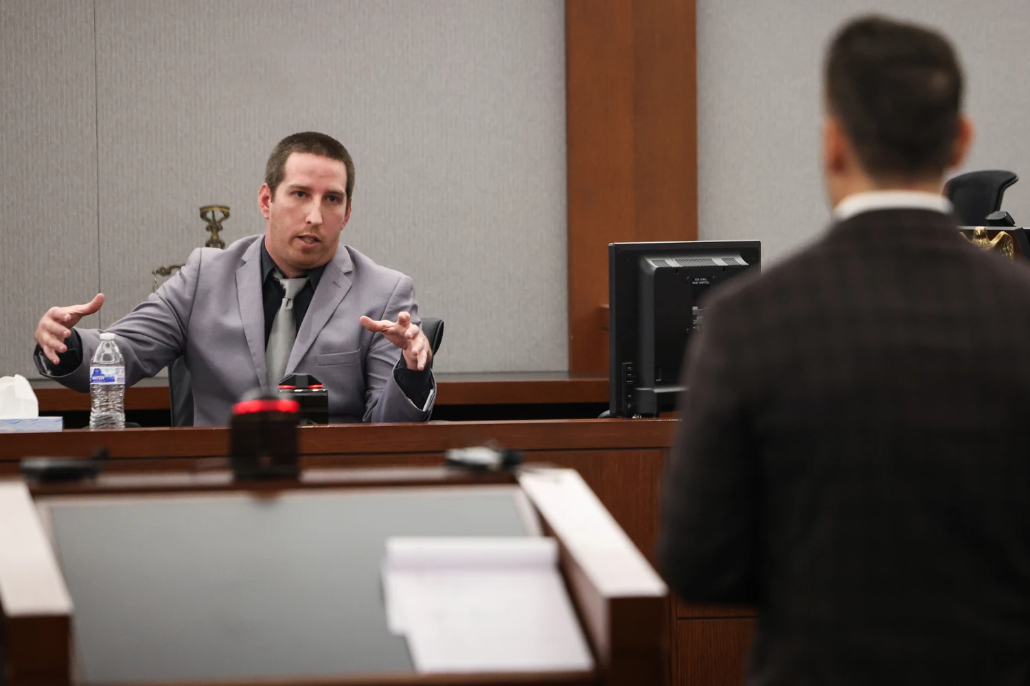 Mitchell Fairbarn testifies during his trial at the Regional Justice Center Friday, Oct. 16, 2026, in Las Vegas.
