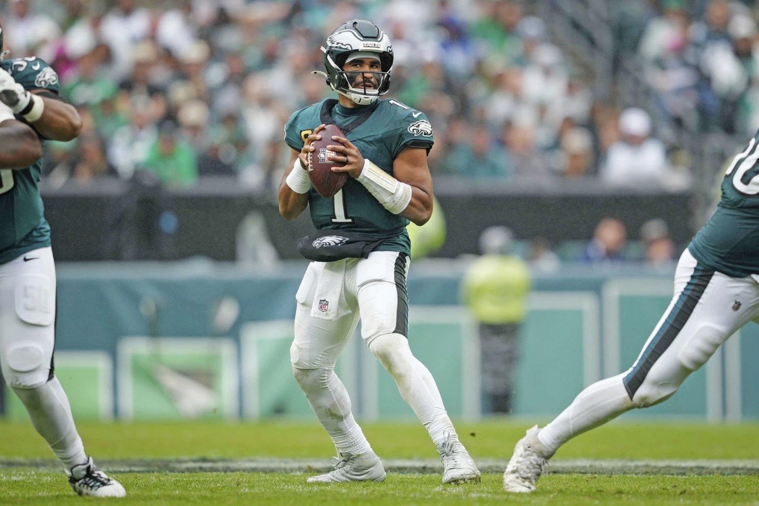 Philadelphia Eagles quarterback Jalen Hurts looks to pass against the Los Angeles Rams on Oct. 4, 2026.