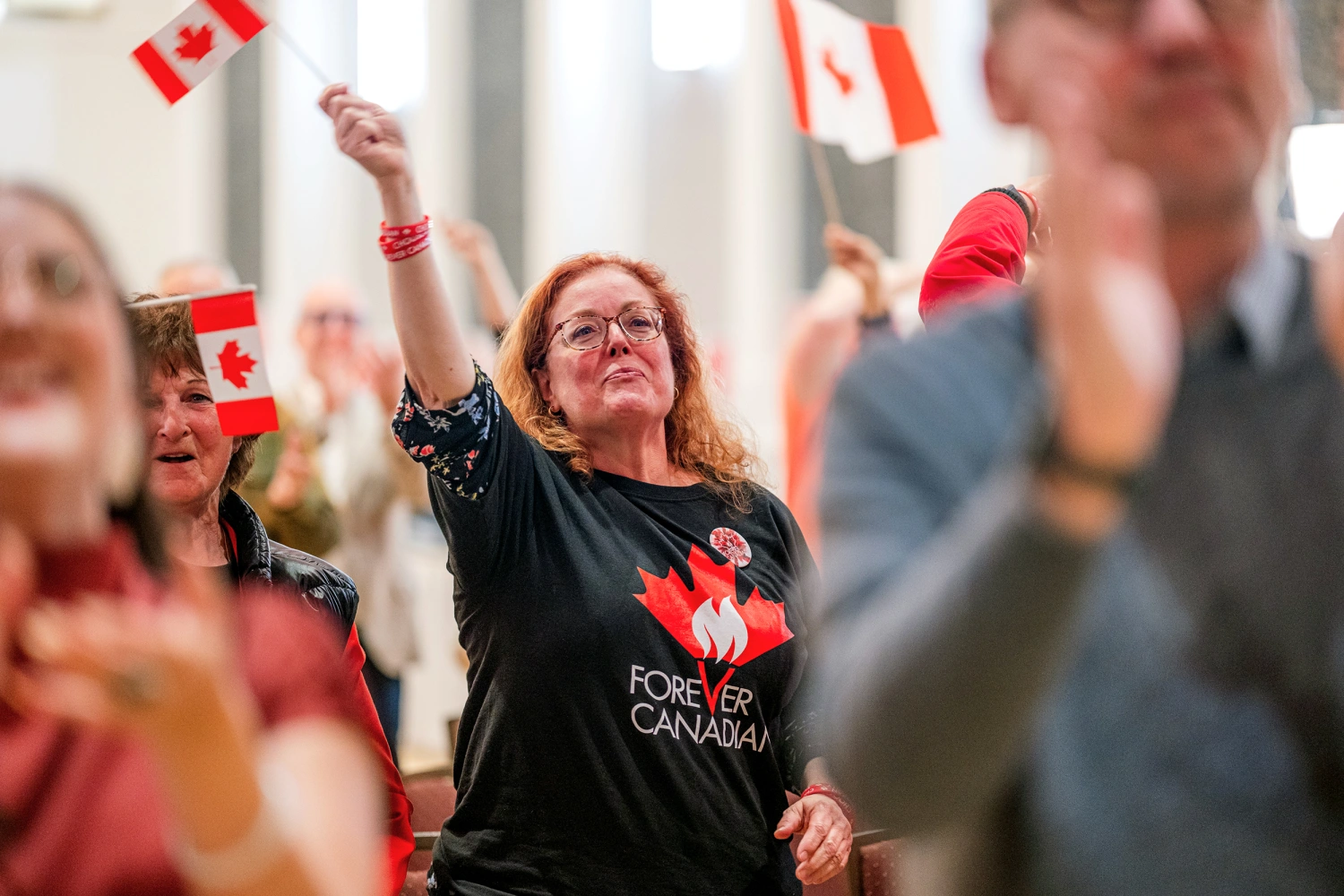 Attendees react during a Forever Canadian referendum night event in Edmonton, Alberta, Canada, on Monday, Oct. 19, 2026.