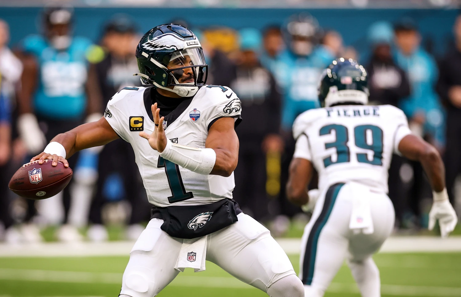 Jalen Hurts of the Philadelphia Eagles looks to throw the ball during the 2026 NFL London Games match between Philadelphia Eagles and Jacksonville Jaguars at Tottenham Hotspur Stadium on October 11, 2026 in London.