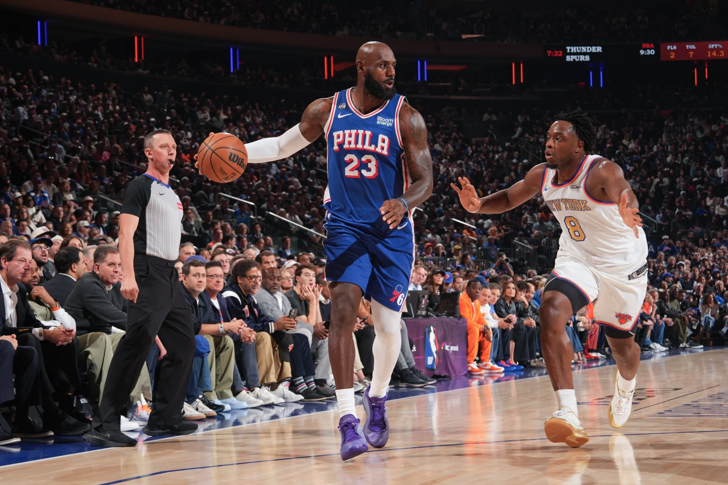 LeBron James #23 of the Philadelphia 76ers dribbles the ball during the game against the New York Knicks on October 20, 2026 at Madison Square Garden in New York.