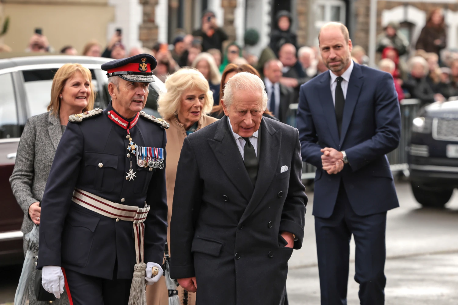 King Charles III, Queen Camilla and Prince William arrive at Aberfan Memorial Garden on Oct. 21, 2026 in Merthyr Tydfil, Wales.
