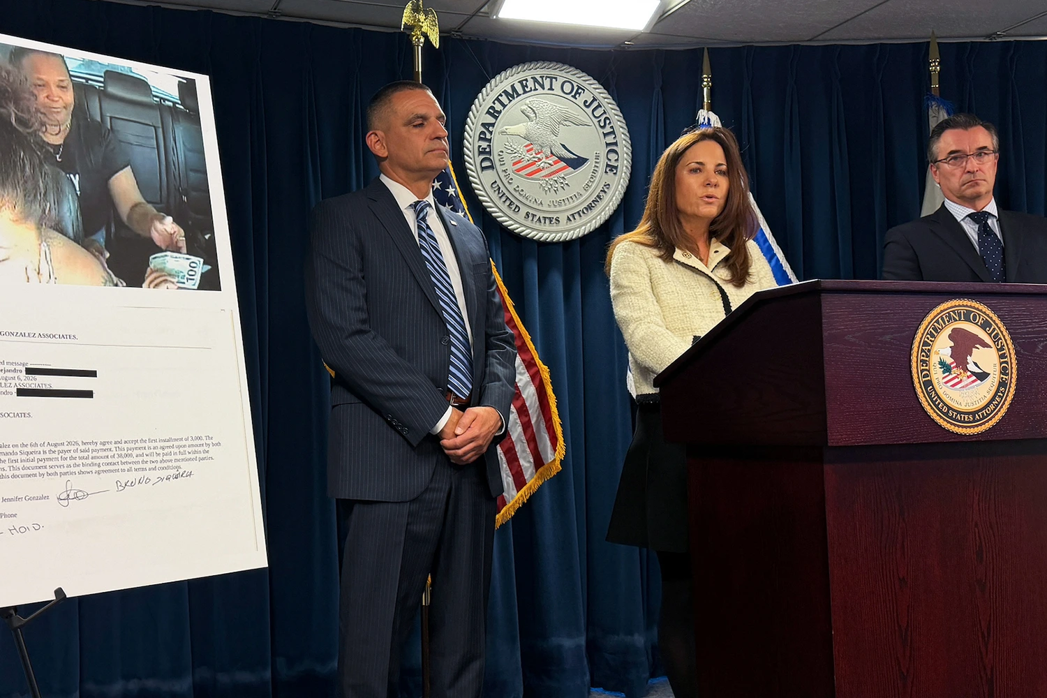 U.S. Attorney Leah Foley anounces the arrest of six people for allegedly arranging sham marriages over the past decade, during a news conference in Boston on Oct. 21, 2026.