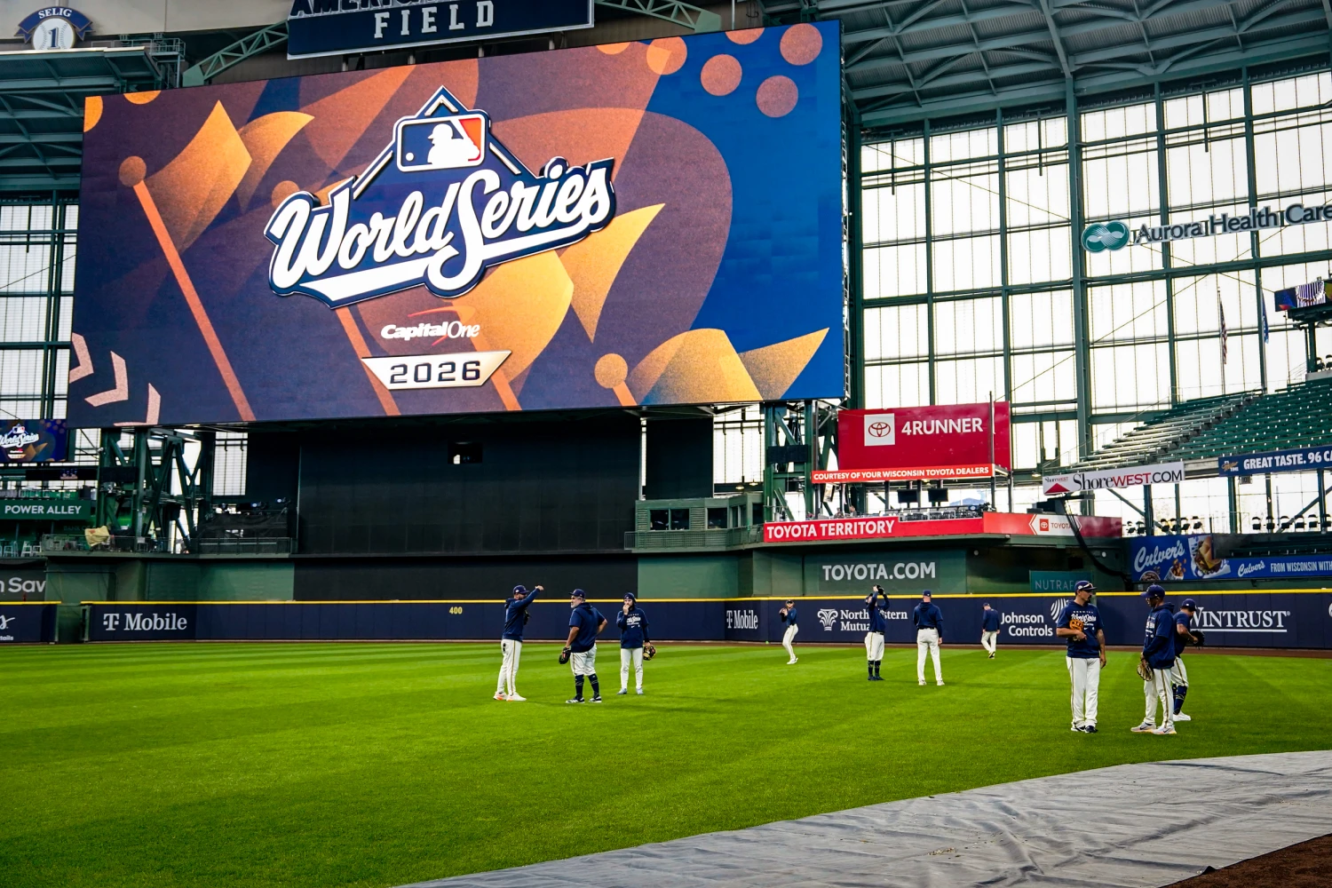 Milwaukee Brewers players work out Thursday in Milwaukee ahead of Game 1 of the World Series against the Tampa Bay Rays on Friday.