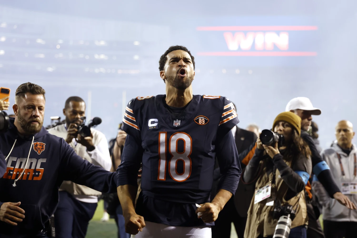 Caleb Williams of the Chicago Bears celebrates after defeating the New England Patriots in the game at Soldier Field on Oct. 22, 2026, in Chicago.