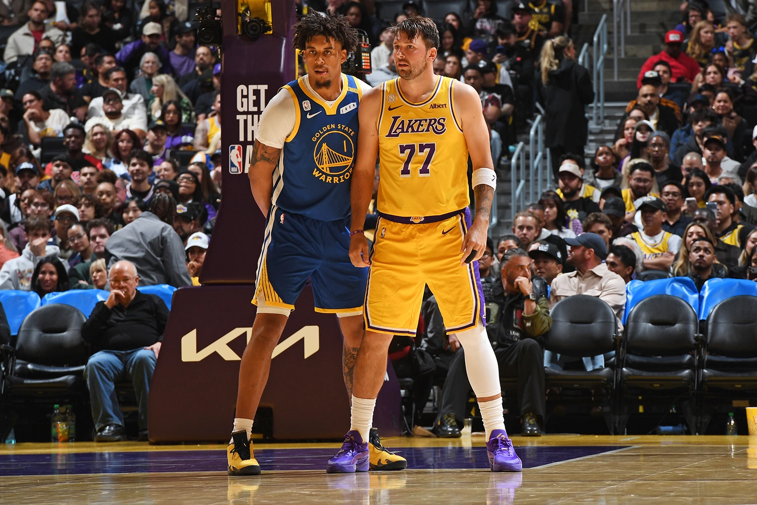 Yaxel Lendeborg of the Golden State Warriors & Luka Doncic of the Los Angeles Lakers compete in San Francisco on Oct. 21, 2026.