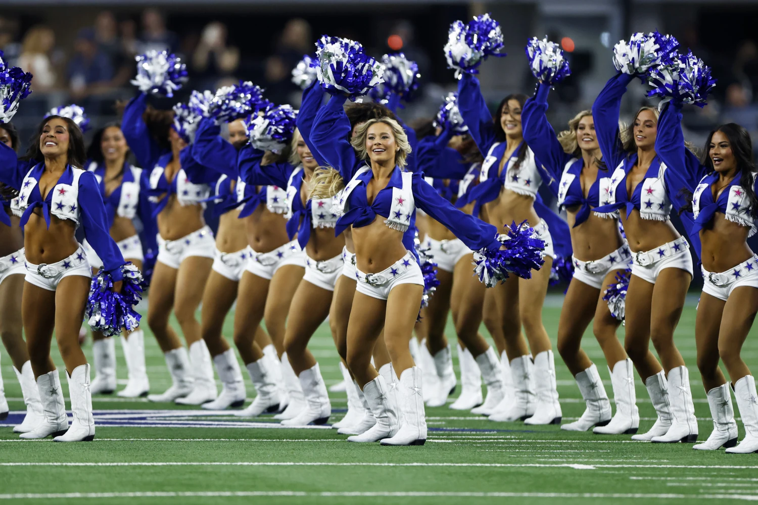 The Dallas Cowboys Cheerleaders before the start of the game between the Dallas Cowboys and the Tampa Bay Buccaneers at AT&T Stadium on October 8, 2026 in Arlington, Texas.
