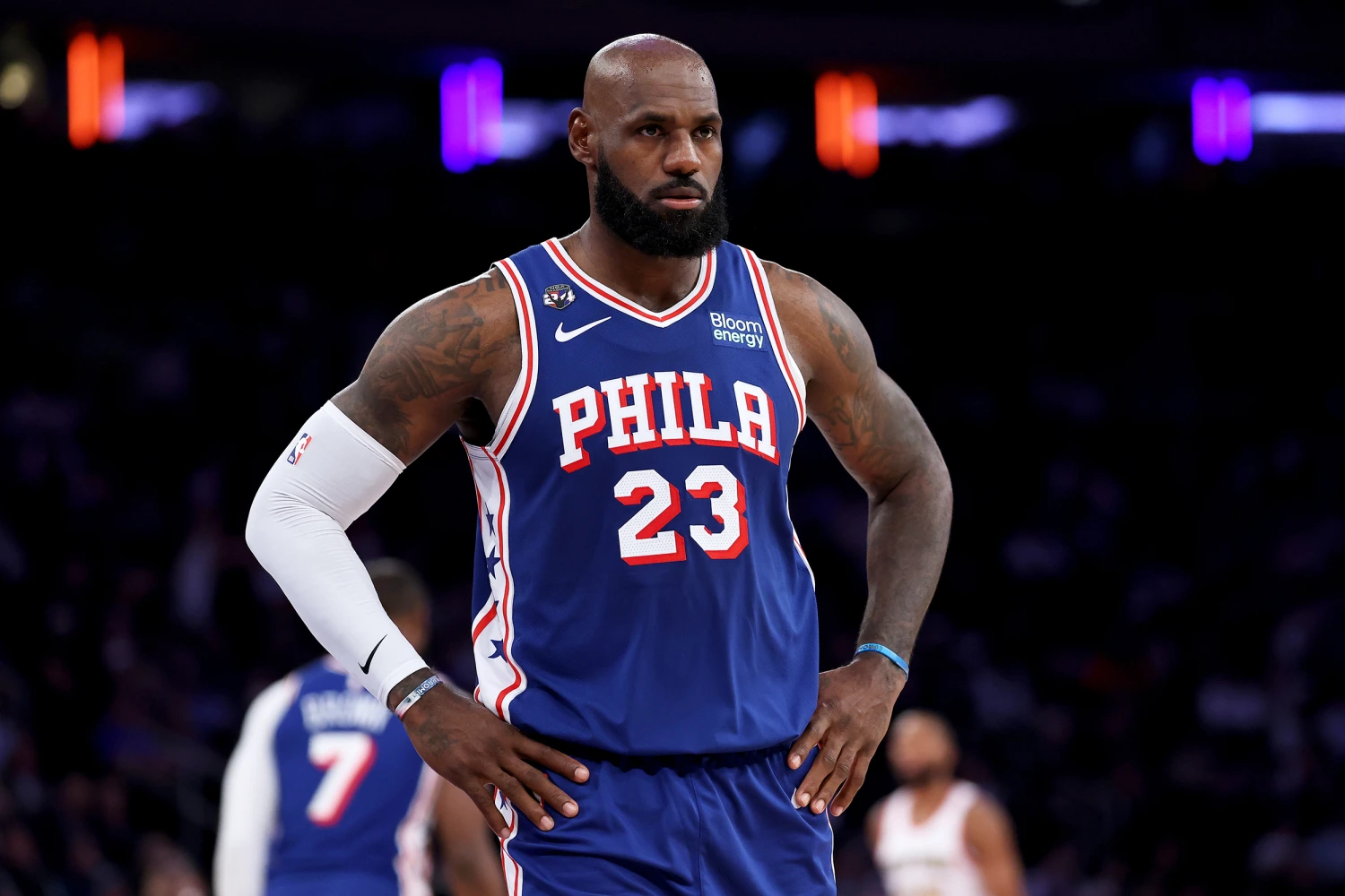 LeBron James #23 of the Philadelphia 76ers looks on during the second quarter of the game against the New York Knicks at Madison Square Garden on October 20, 2026 in New York City.