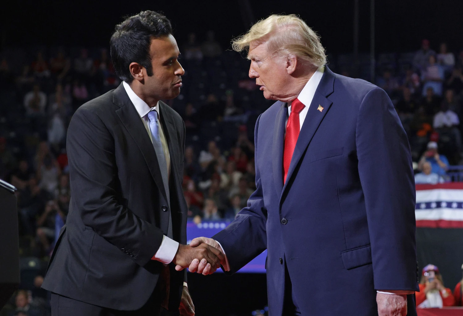 President Donald Trump greets Ohio Republican gubernatorial candidate Vivek Ramaswamy on Oct. 12, 2026 in Youngstown, Ohio.