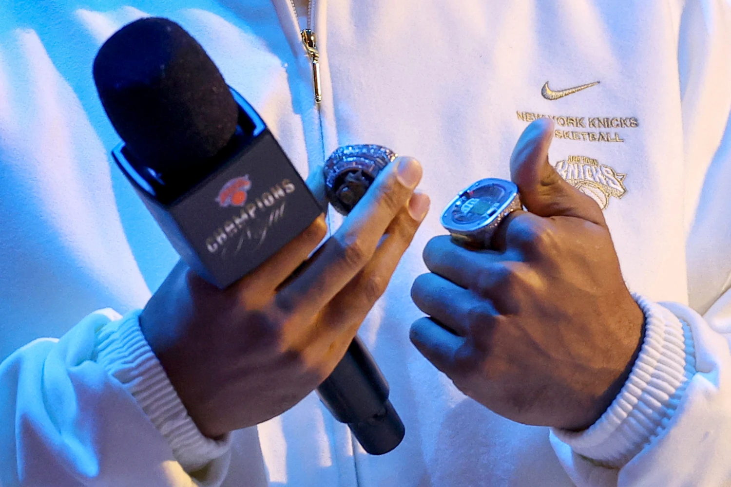 Jalen Brunson of the New York Knicks inspects his ring during the Ring Ceremony prior to the game against the Philadelphia 76ers at Madison Square Garden on Oct. 20, 2026, in New York City.