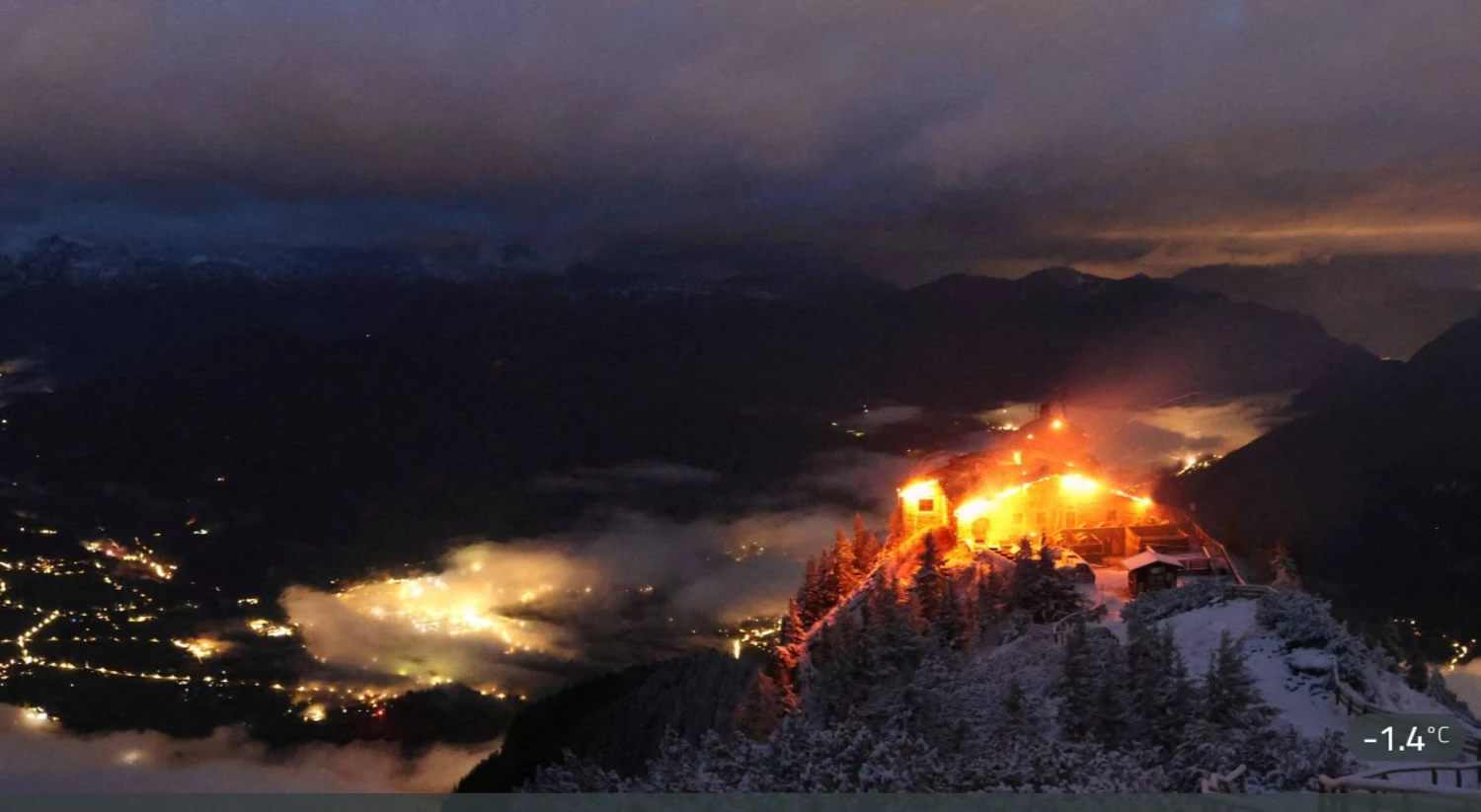 Video grab taken from the webcam of the mountain guesthouse Kehlsteinhaus, known as the Eagle's Nest, formerly Adolf Hitler's mountain retreat, on early Oct. 24 after a large fire broke out at the site.