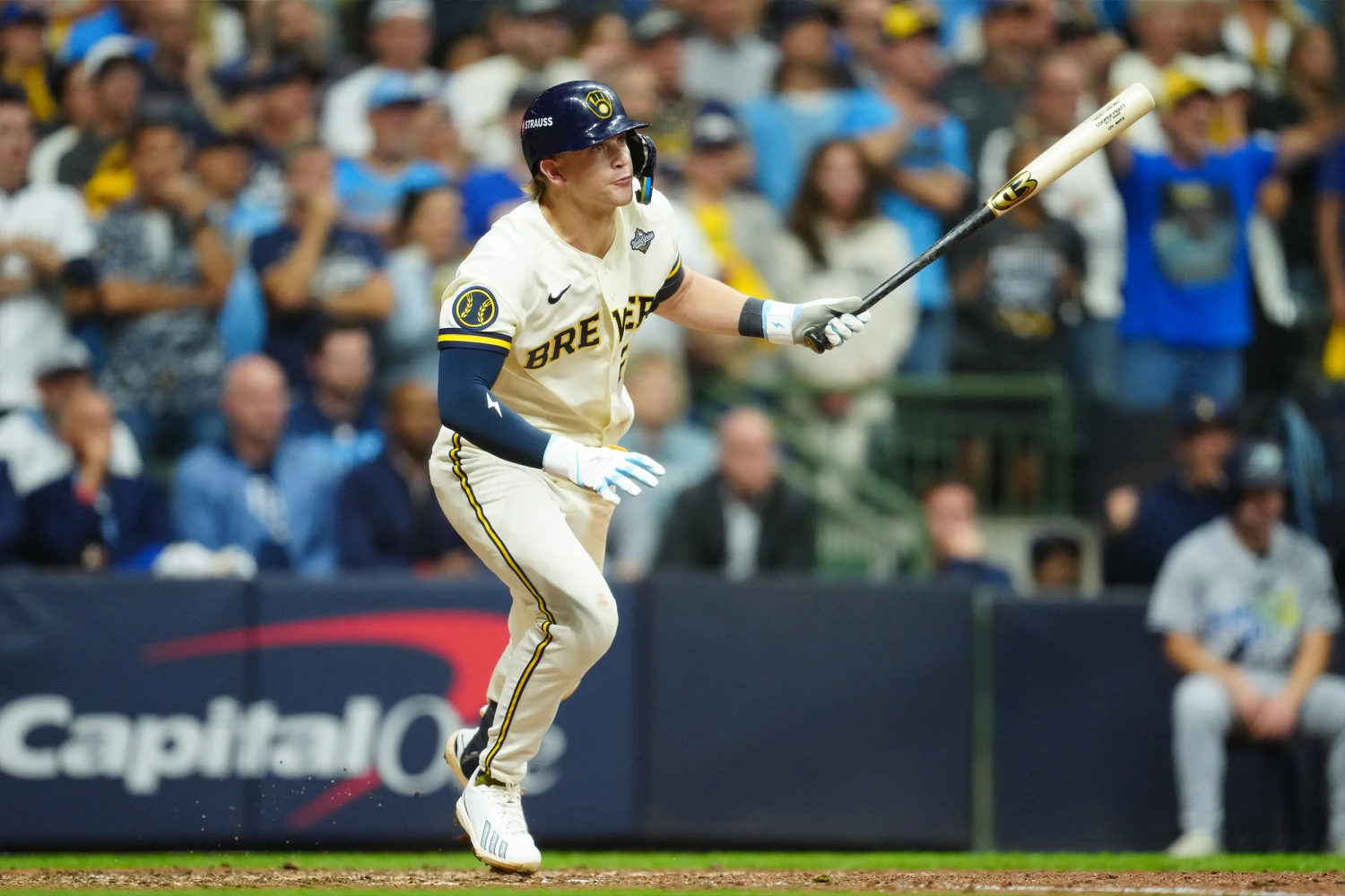 MILWAUKEE, WI - OCTOBER 24: Cooper Pratt #12 of the Milwaukee Brewers hits an RBI single in the seventh inning during Game Two of the 2026 World Series presented by Capital One between the Tampa Bay Rays and the Milwaukee Brewers at American Family Field on Saturday, October 24, 2026 in Milwaukee, Wisconsin. (Photo by Mary DeCicco/MLB Photos via Getty Images)