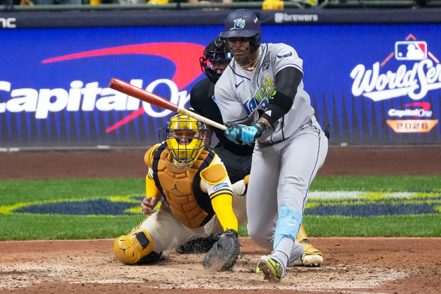 Yandy Díaz of the Tampa Bay Rays' strikes out to end game two of World Series on Saturday, Oct. 24, 2026, in Milwaukee.