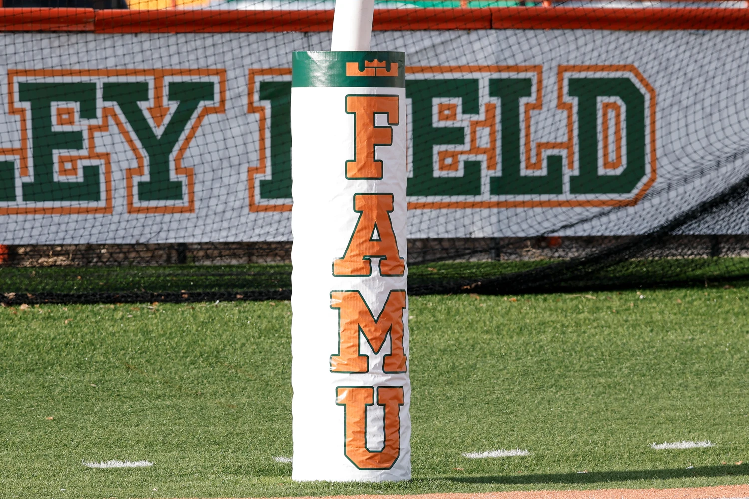 TALLAHASSEE, FLORIDA - APRIL 03: A general view of the the goal post with the school's logo inside of the Bragg Memorial Stadium on Ken Riley Field during Florida A&M Rattlers' Friday Night Strike Annual Orange and Green Spring Game on April 3, 2026 in Tallahassee, Florida. (Photo by Don Juan Moore/Getty Images)