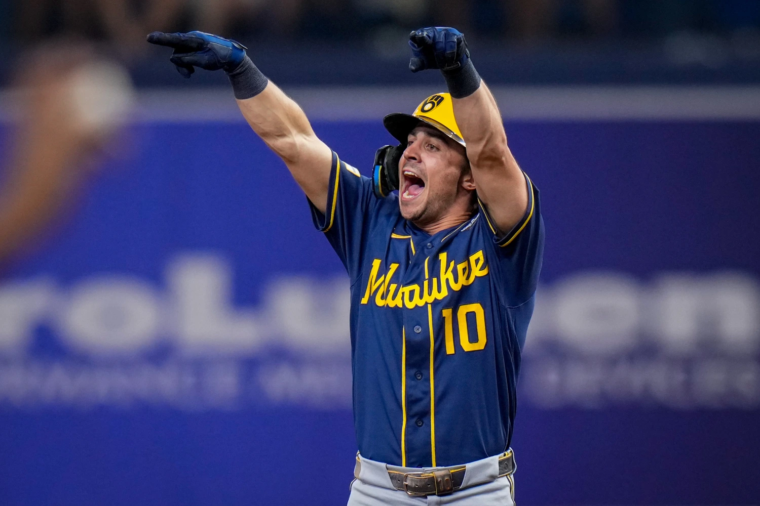 Milwaukee Brewers right fielder Sal Frelick celebrates his RBI double during the fifth inning of Game 3 of baseball's World Series, Monday, Oct. 26, 2026, in St. Petersburg, Fla., between the Milwaukee Brewers and the Tampa Bay Rays.