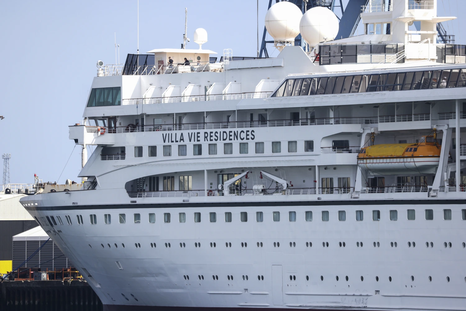 The Odyssey, a U.S. cruise liner operated by Villa Vie Residences docked at Harland & Wolf ship repair facility in Belfast Harbour, Northern Ireland, Friday, Aug. 30, 2024.