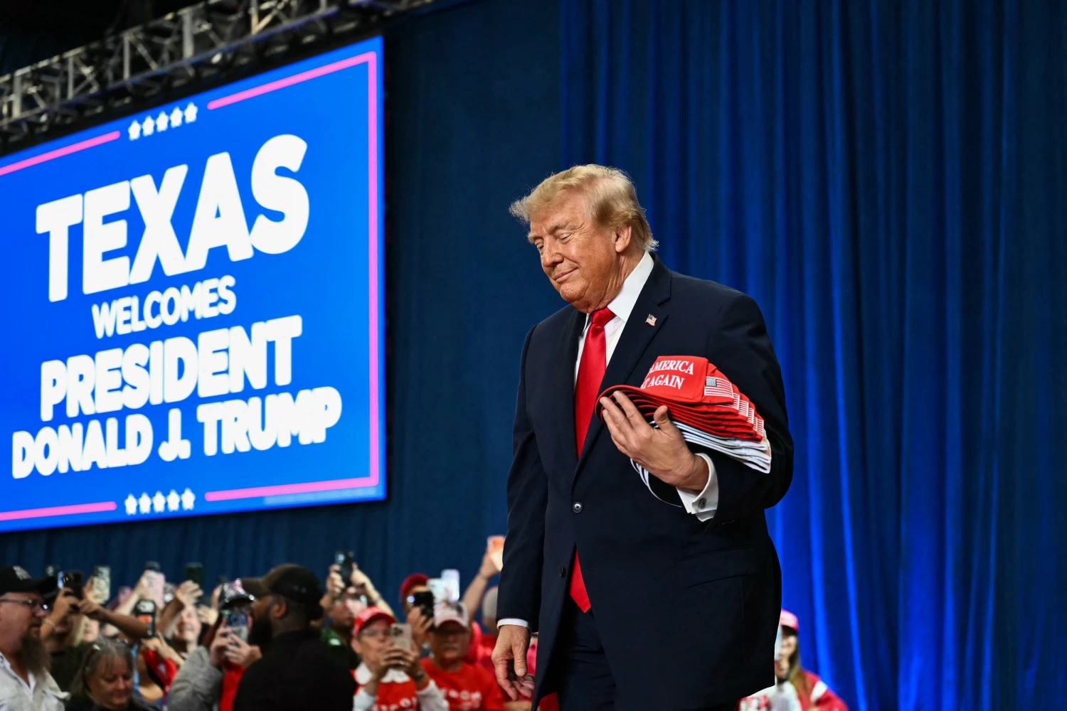 U.S. President Donald Trump arrives to the stage for a midterm campaign rally at Lubbock Memorial Civic Center in Lubbock, Texas on October 27, 2026.