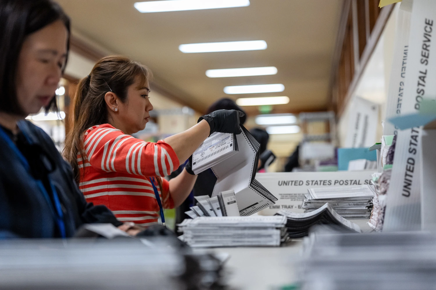 Election workers sort ballots during early voting in San Francisco on Oct. 21, 2026.