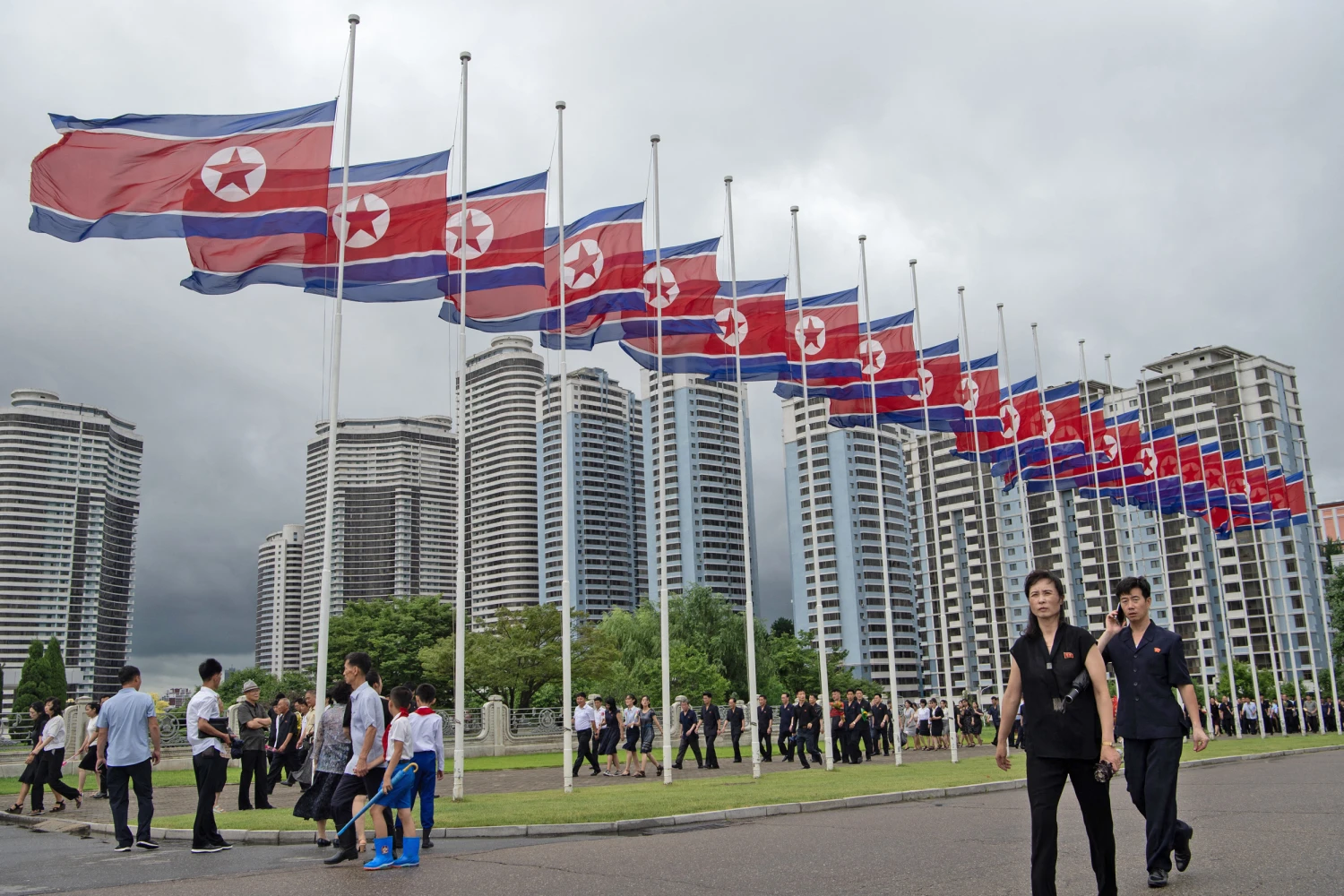 North Korean flags in Pyongyang on July 8, 2026.