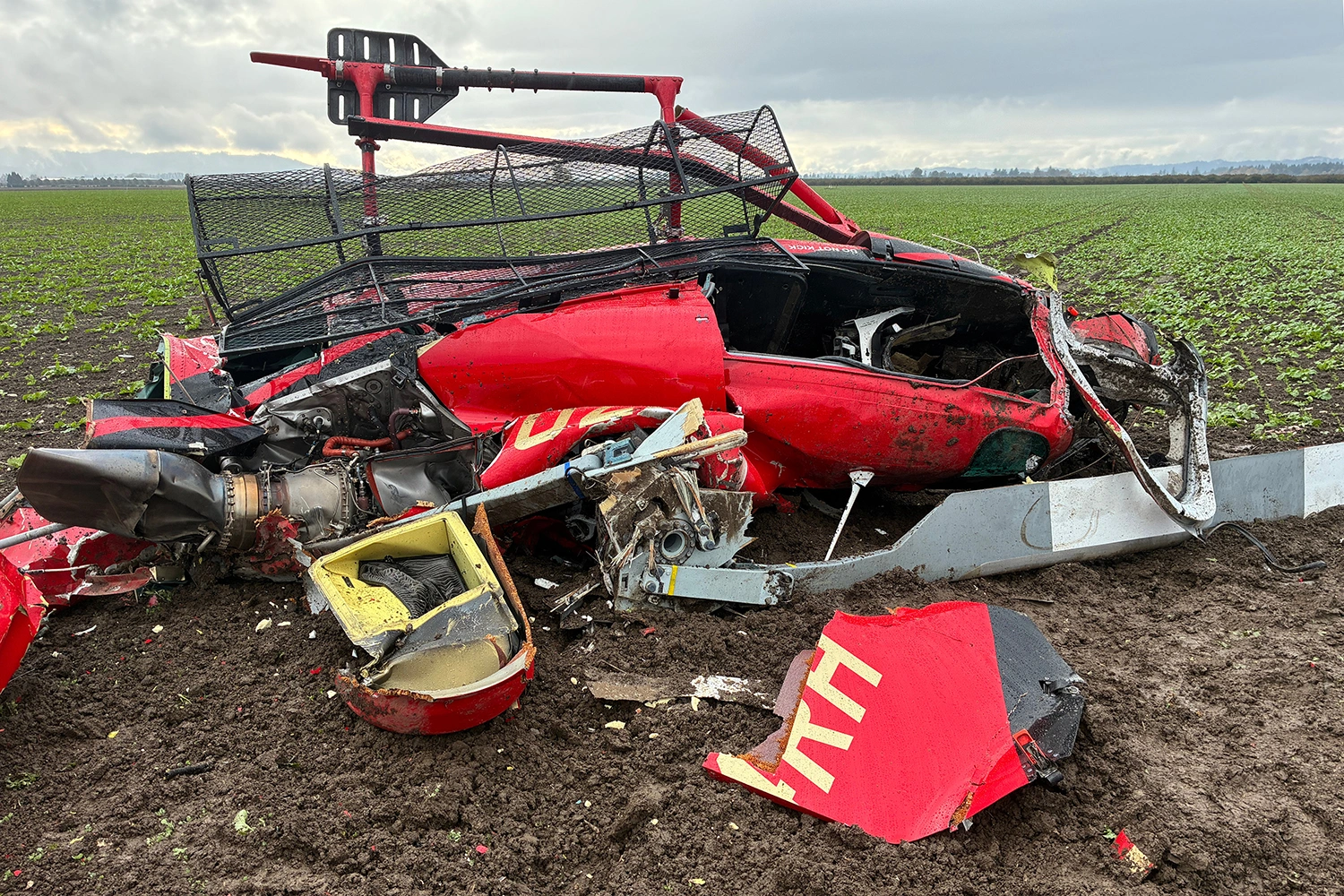 The wreckage of one of two helicopters following a deadly collision over a farm in Yamhill County, Ore., on Oct. 29, 2026.