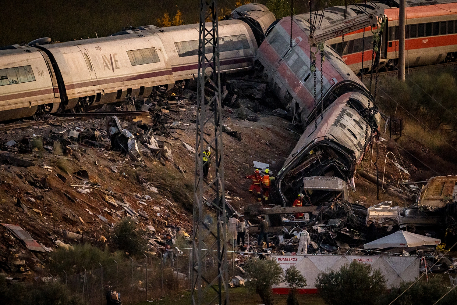 Derailed carriages at the scene of the deadly train collision in Urda, central Spain on Oct. 29, 2026.