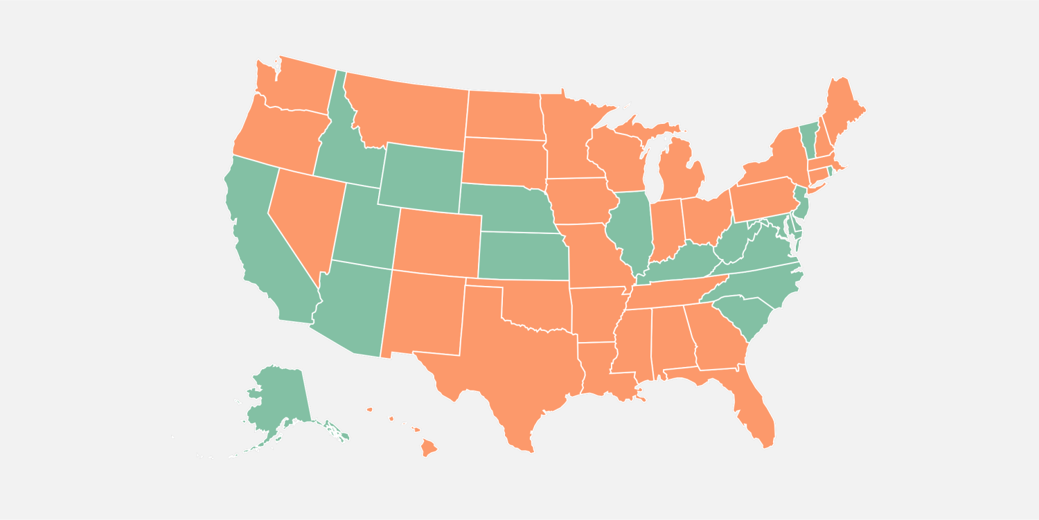 Map showing states with criminal statutes of limitations for adult rape (orange) and with no statutes (green)