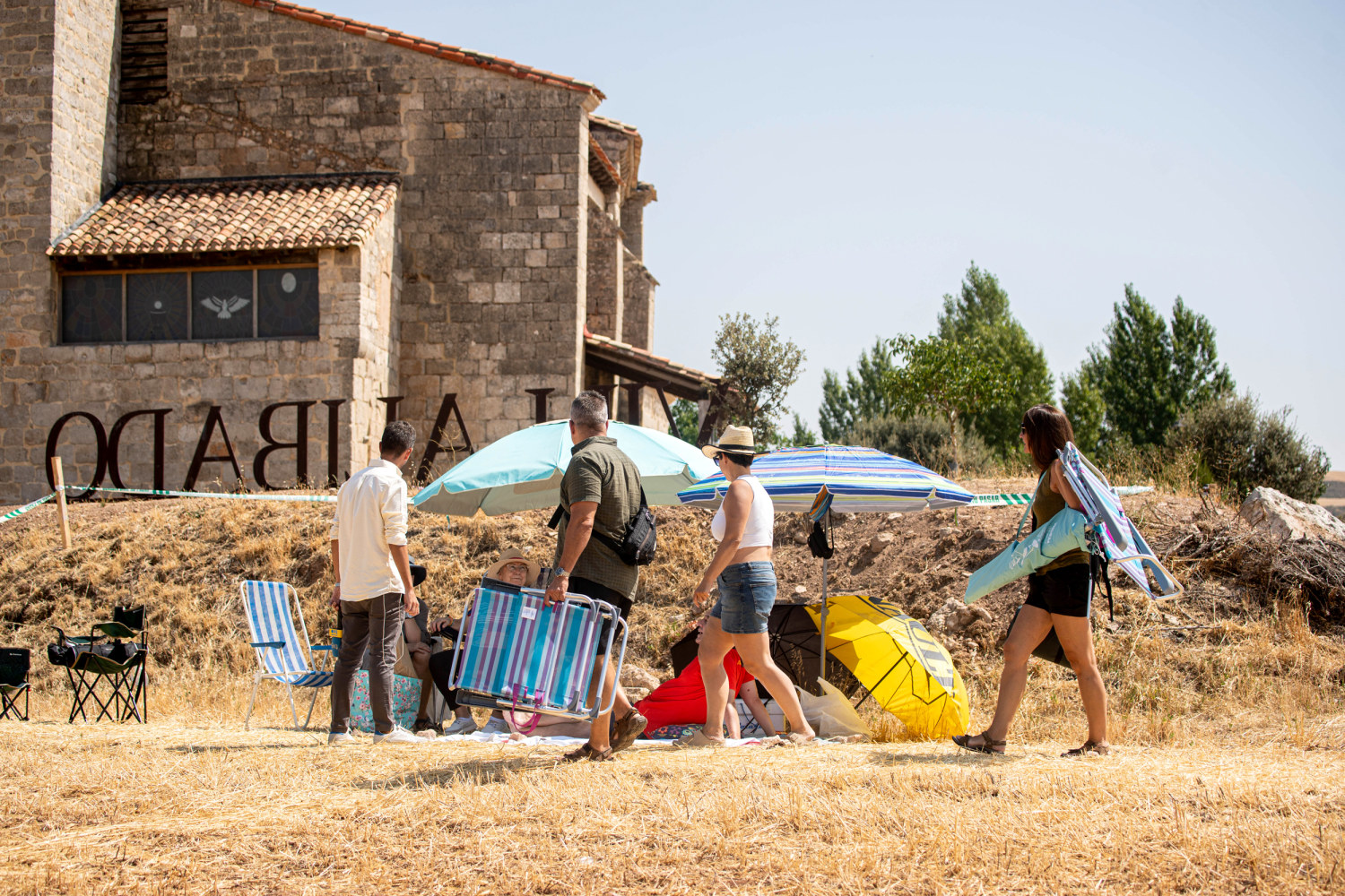 Several people are setting up their telescopes in the run-up to the total solar eclipse on Aug. 12, 2026, in Villalibado, Spain.